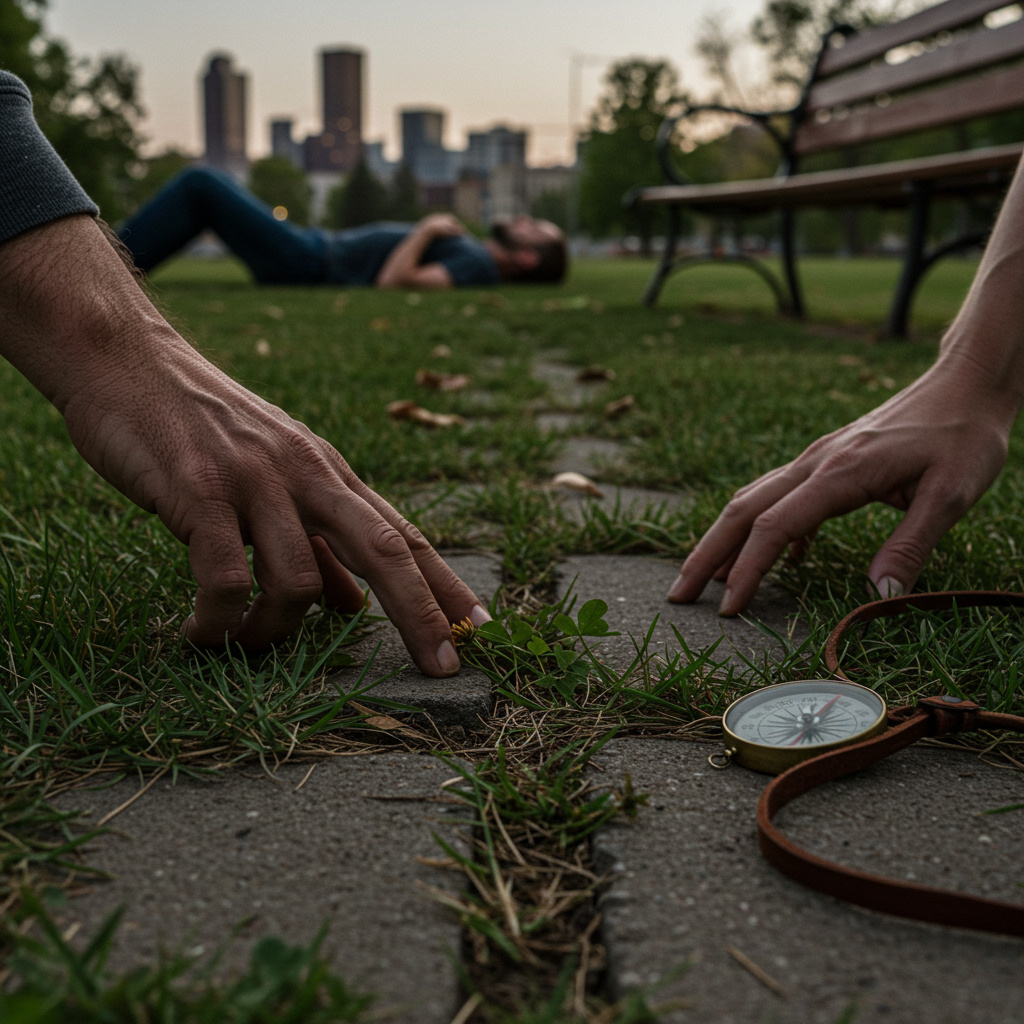 Weathered hands brushing grass and a dandelion in a gritty Denver park, compass nearby, hazy skyline beyond.