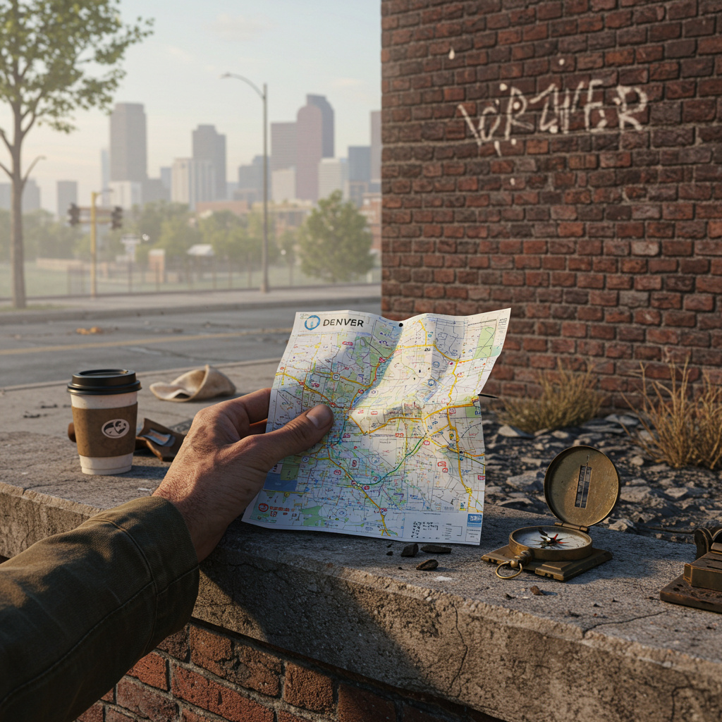 Weathered hand with crumpled Denver map and scratched compass on a grimy ledge, hazy skyline beyond cracked pavement.