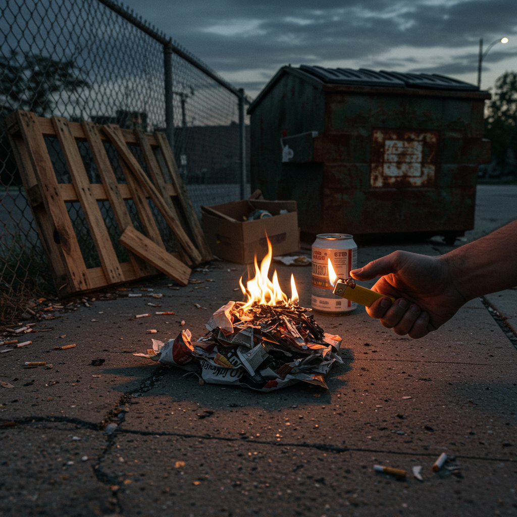 Weathered hand sparking a firestarter over cardboard and snack wrappers on a cracked Denver sidewalk, with a splintered pallet and rusty dumpster nearby.